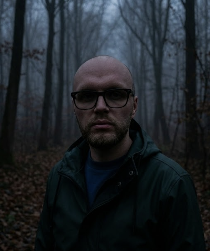 Autorenfoto Janis Graw Ein Mann steht in einem düsteren Wald und blickt in die Kamera.